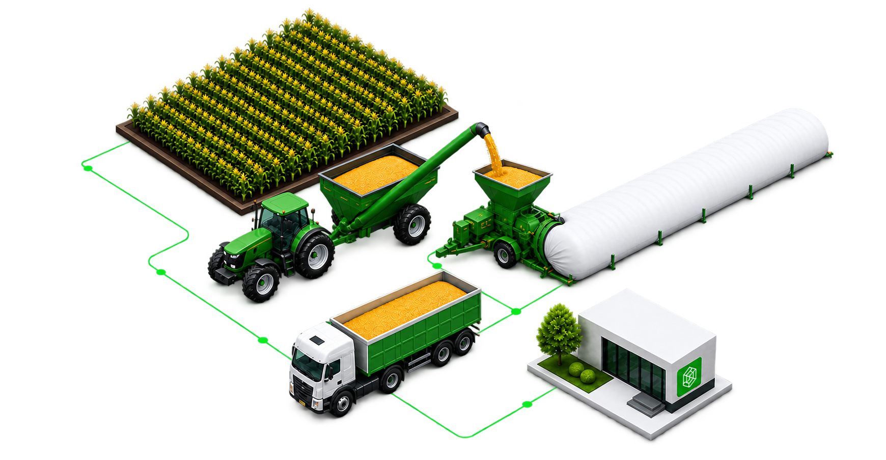 Campo, tractor y tolva descargando grano directamente en un silobolsa, camión y oficina conectados por QStock